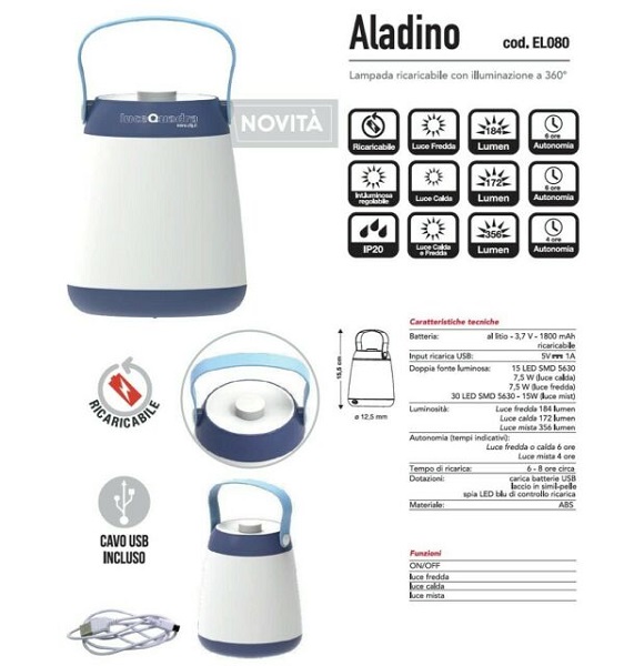Lampada Ricaricabile LED 184 Lumen 360° ALADINO